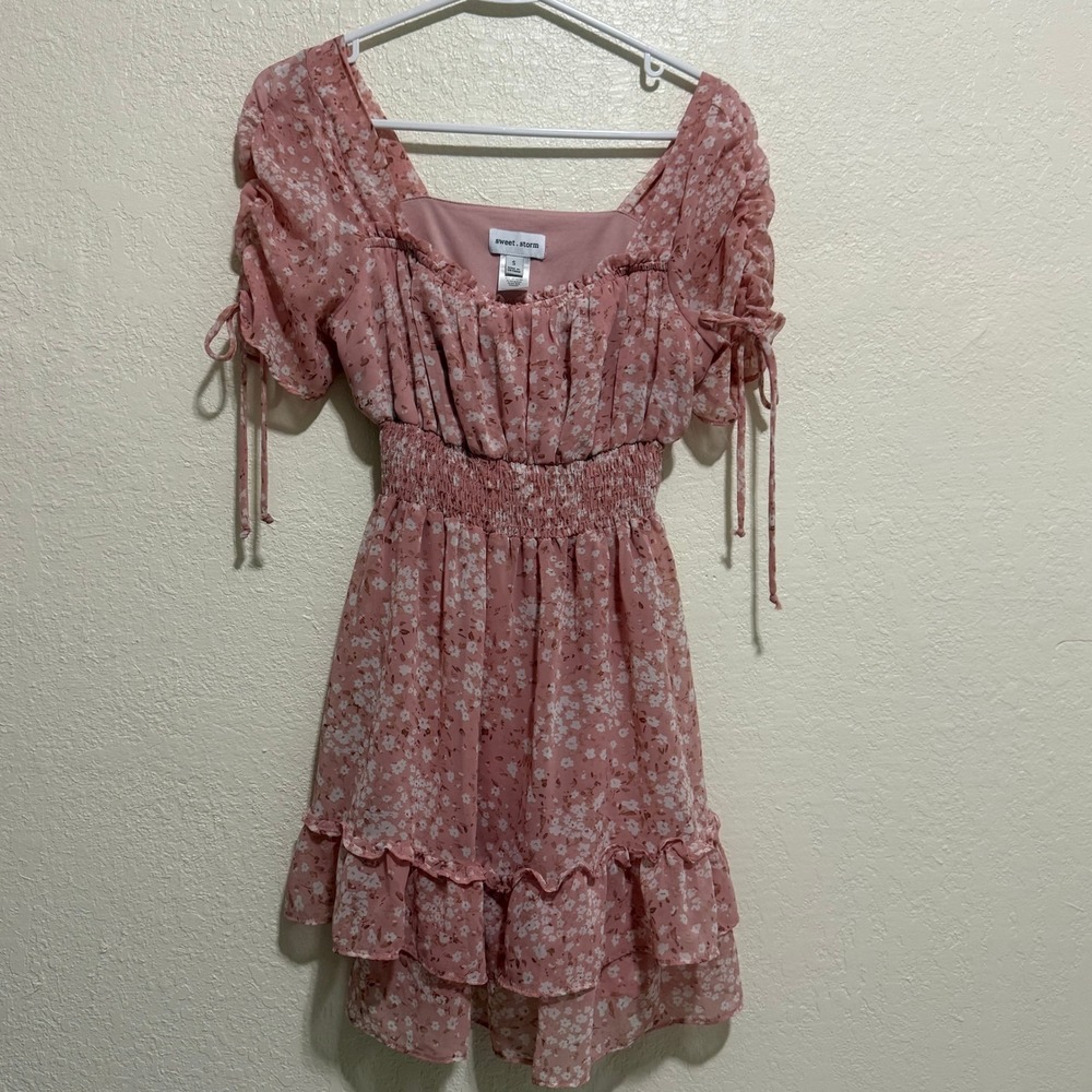 Sweet Storm Pink Floral Smocked Waist Ruffle Mini Dress Small
